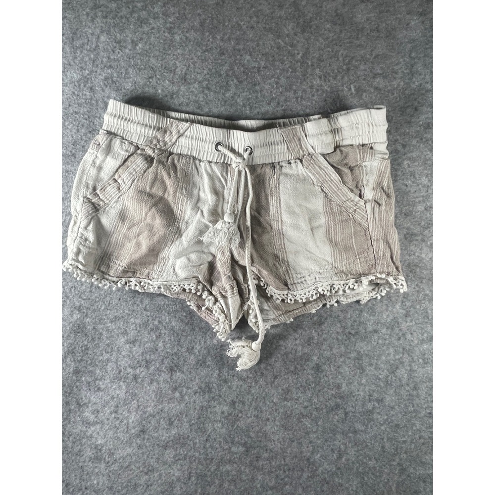 Rewind Womens XS Striped Boho Shorts Tan Cream Tassel Pom Pom Trim Elastic Waist